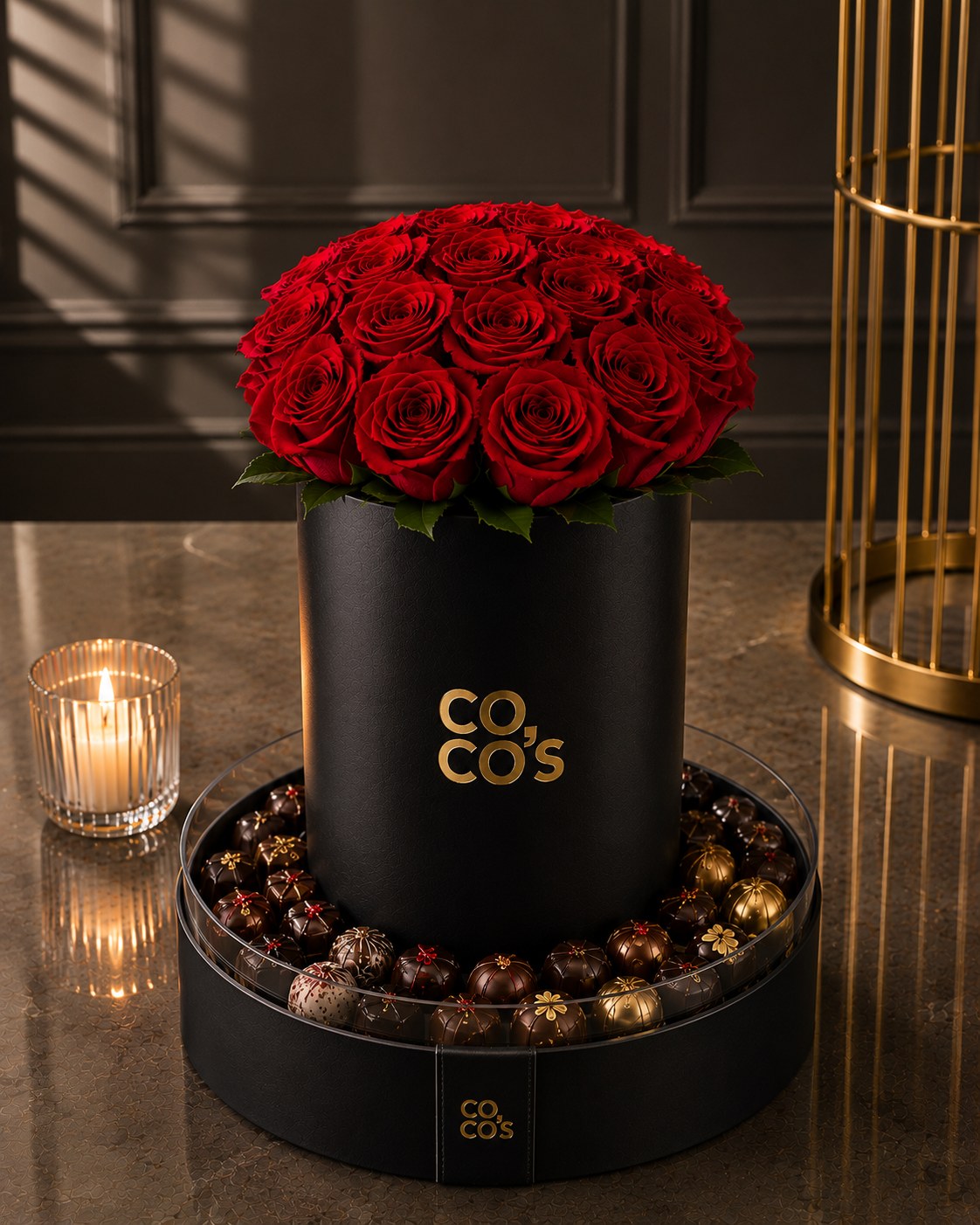 Black Coco's box with red roses and gold Belgian pralines